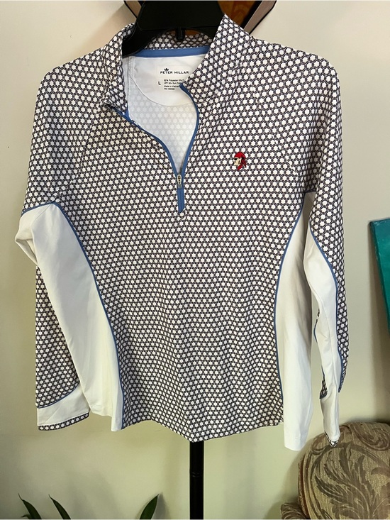 Peter Millar Tops - Peter Millar White & Navy Geometric Long-Sleeve Quarter-Zip Sun Shirt